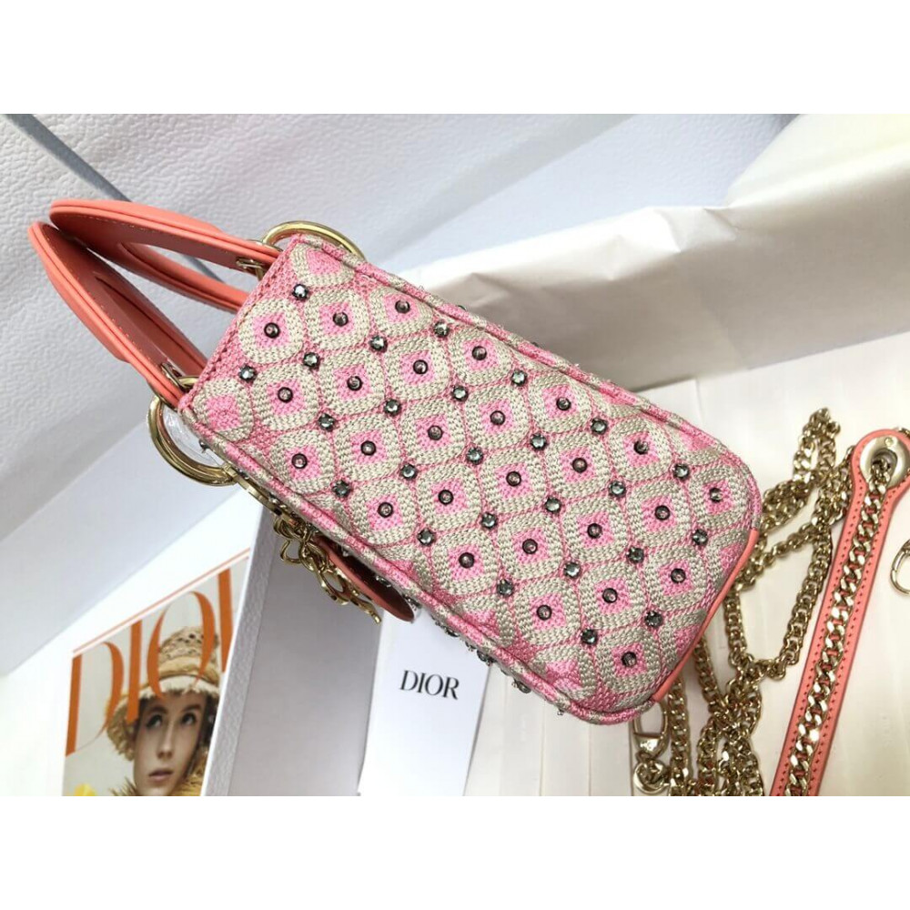 Lady Dior Mini Coral Pink Two-Tone Thread Embroidery Bag M0505 With Honeycomb Pattern And Rhinestones