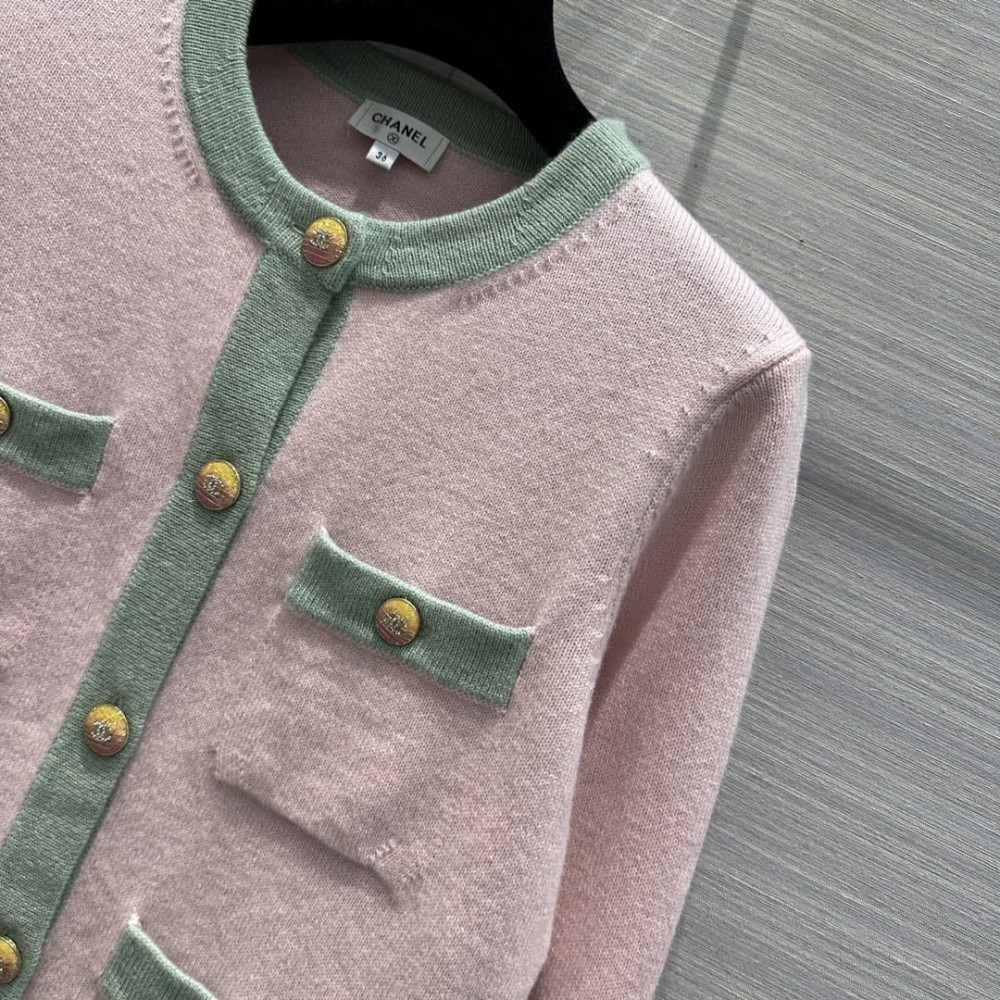 Chanel Light Pink &amp; Light Green Cashmere Two-Tone Cardigan A92648