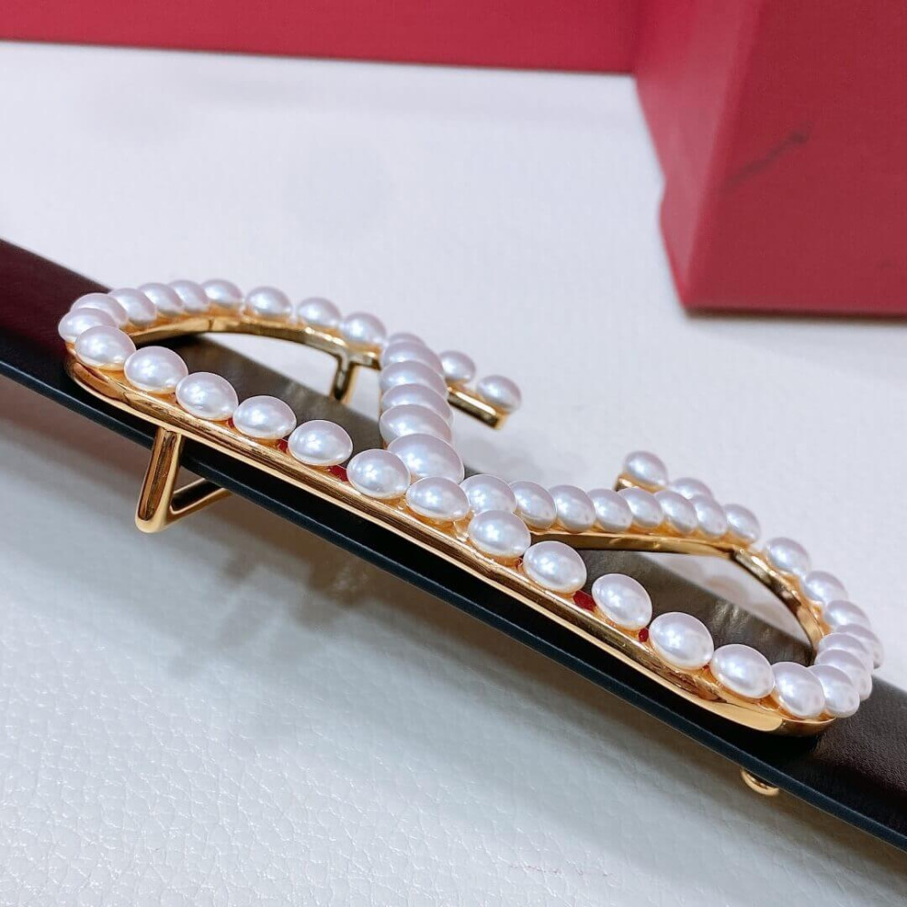 Valentino Vlogo Signature Reversible Belt In Shiny Calfskin With Pearls 40 mm