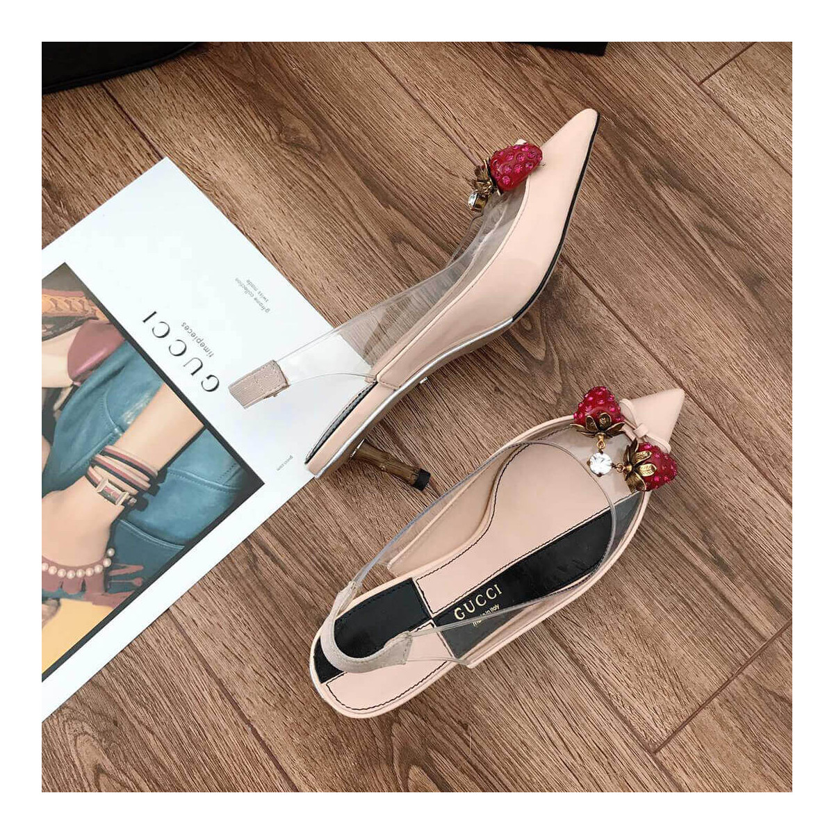 Gucci Eleonor Strawberry Patent Slingback Pumps 286148 Beige