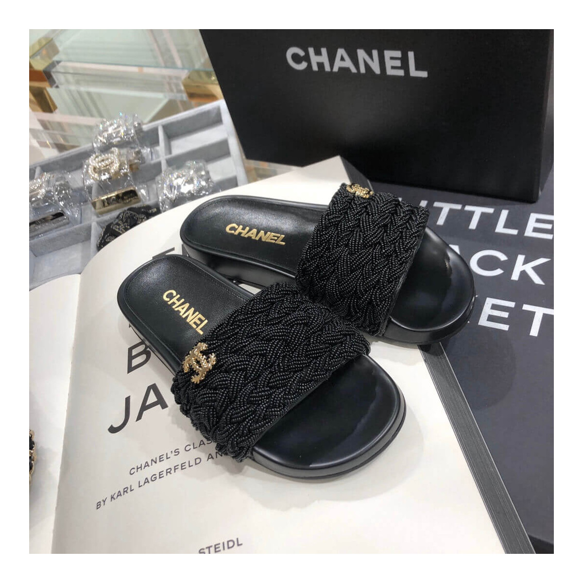 Chanel Pearls &amp; Lambskin Black Mules G35696