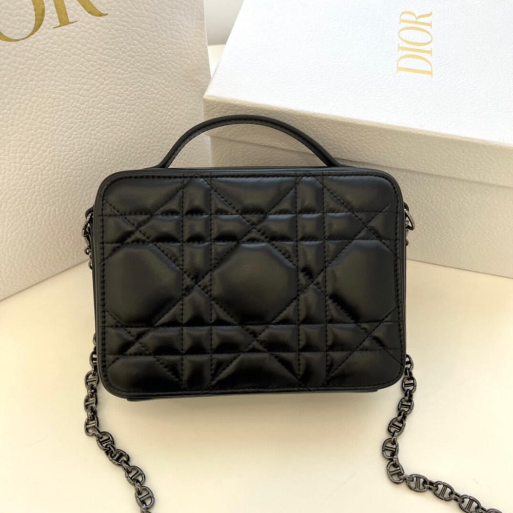 Christian Dior Caro Box Bag With Chain Black Quilted Macrocannage Calfskin S5140