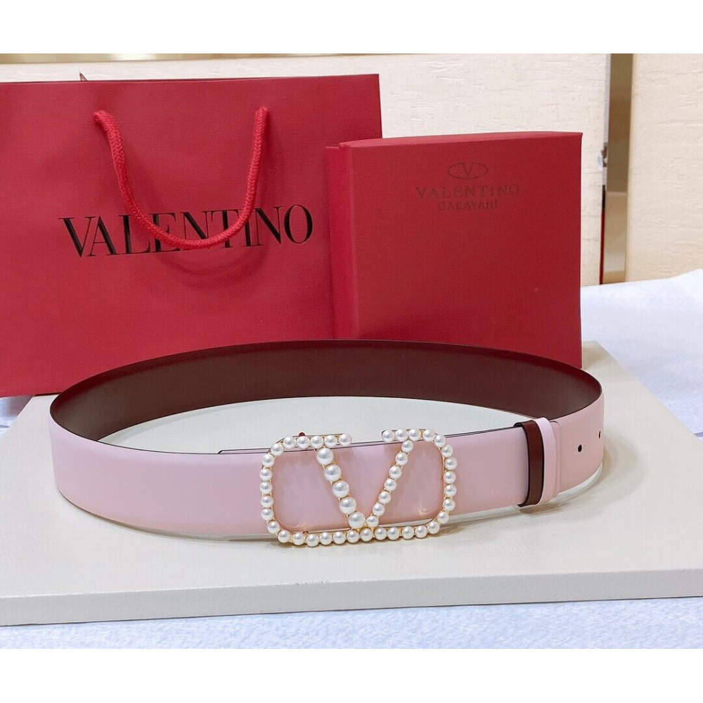 Valentino Vlogo Signature Reversible Belt In Shiny Calfskin With Pearls 40 mm