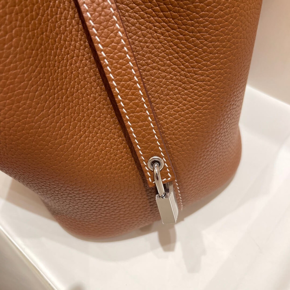 Hermes Picotin Lock Bag in Taurillon Clemence Gold Brown