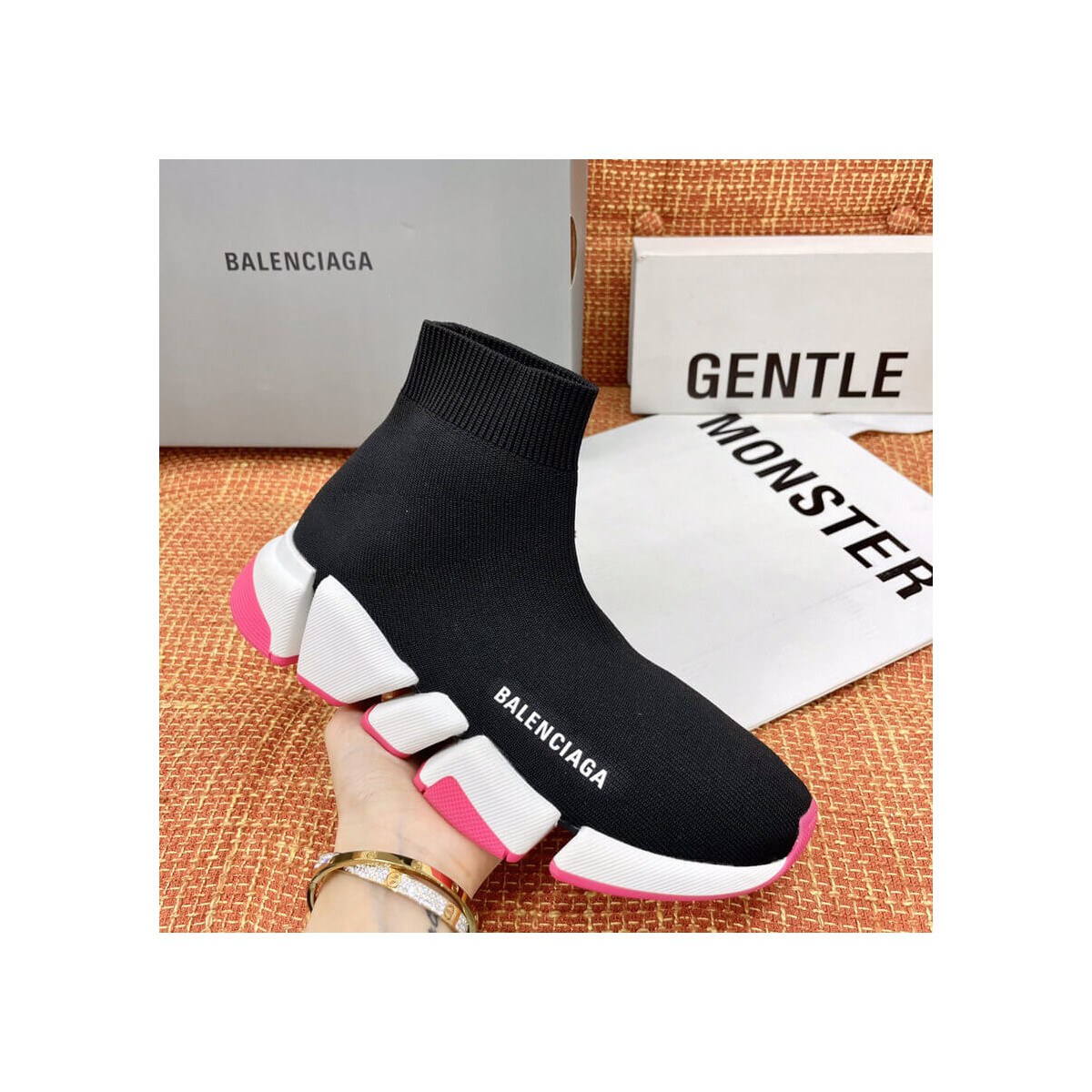 Balenciaga Speed 2.0 Knit Sock Sneakers 617239 Metallic Black/White/Pink