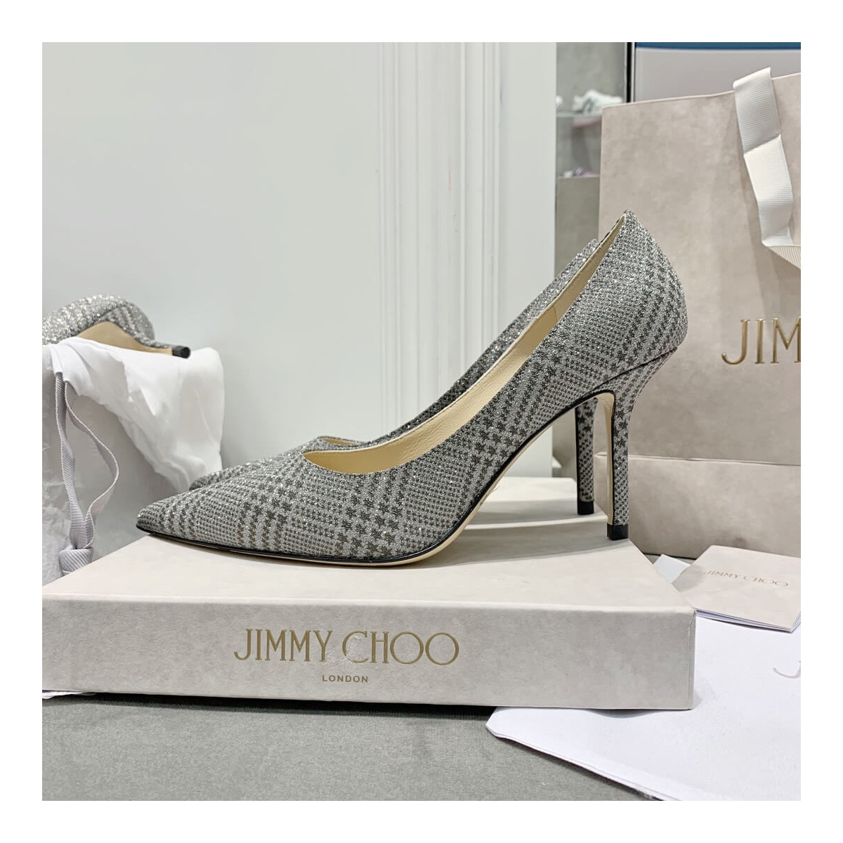 Jimmy Choo Romy Grey Glitter Fabric Pointy Toe Pumps 120011