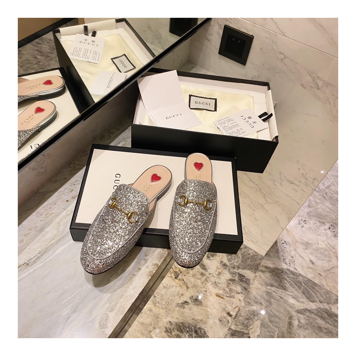 Gucci Princetown Glitter Silver Slipper 432773