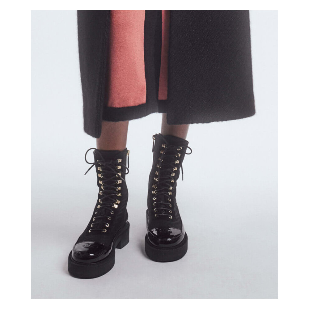 Chanel Nylon and Patent Calfskin Lace-Ups Boots G38086 Black