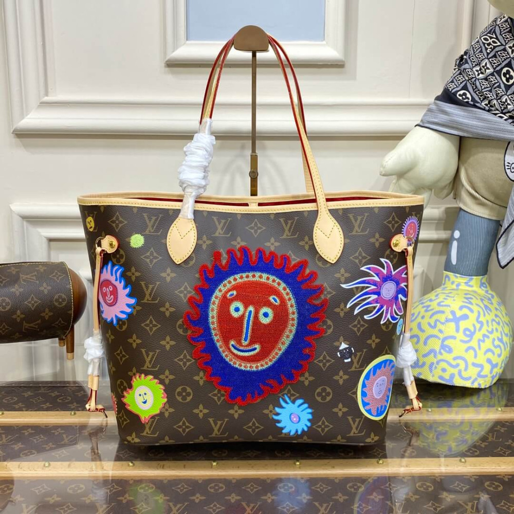 LV x YK Monogram Neverfull MM with Faces Print and Embroidery M46447