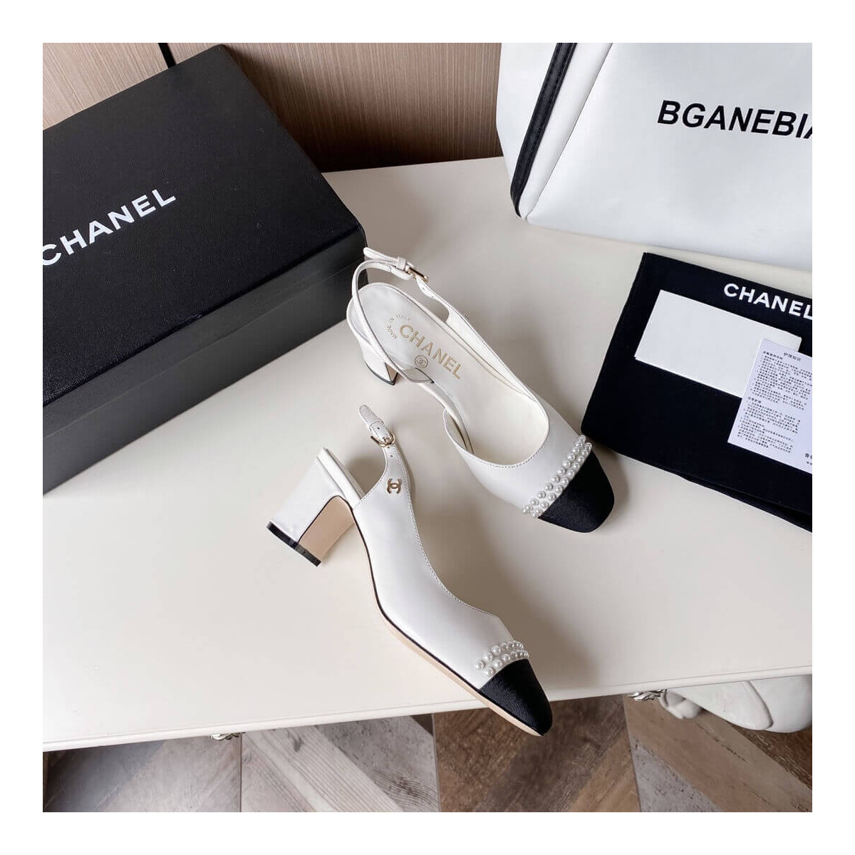 Chanel Pearl Embellished CC Cap Toe Slingbacks 36124