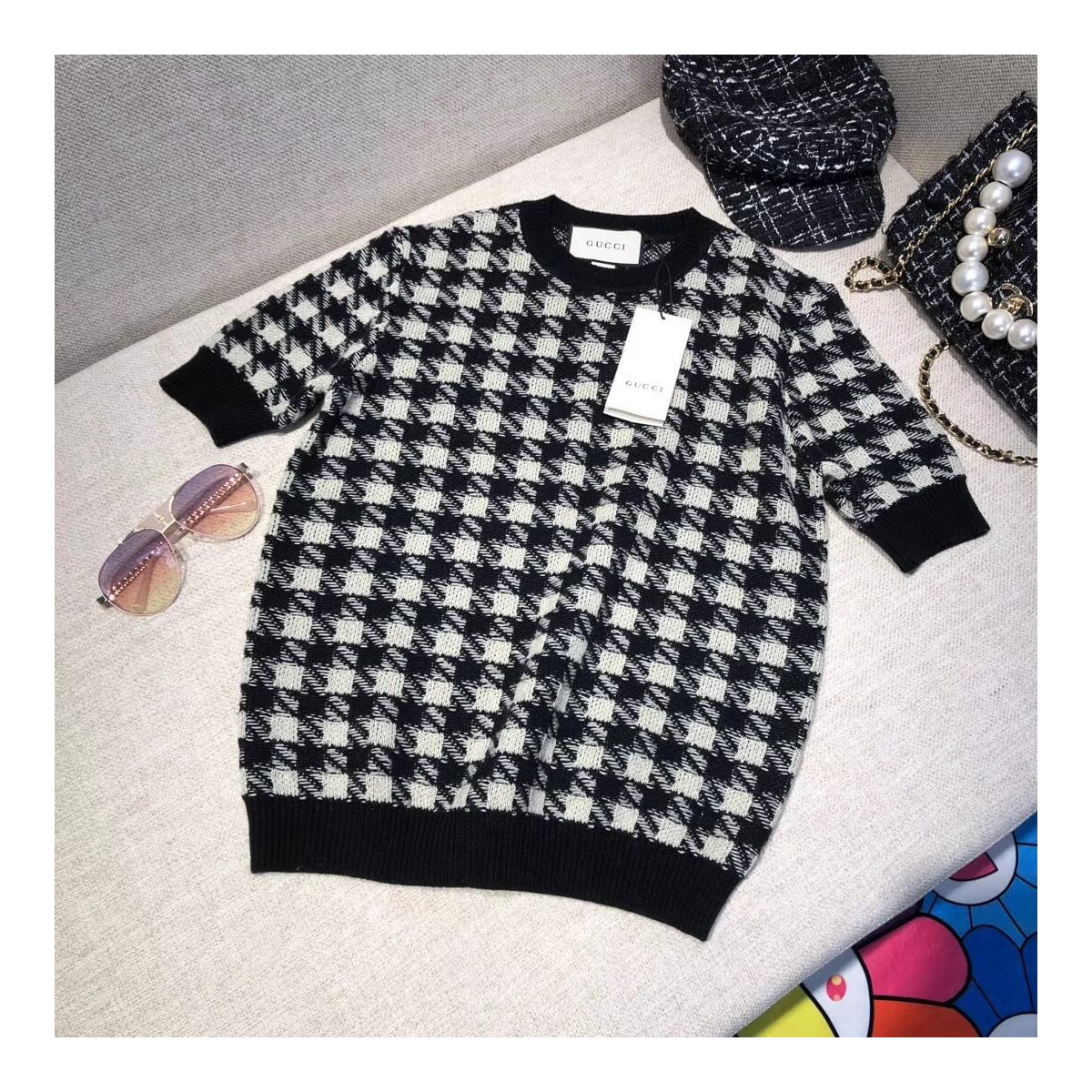 Gucci Houndstooth Short Sleeve Jumper 595697