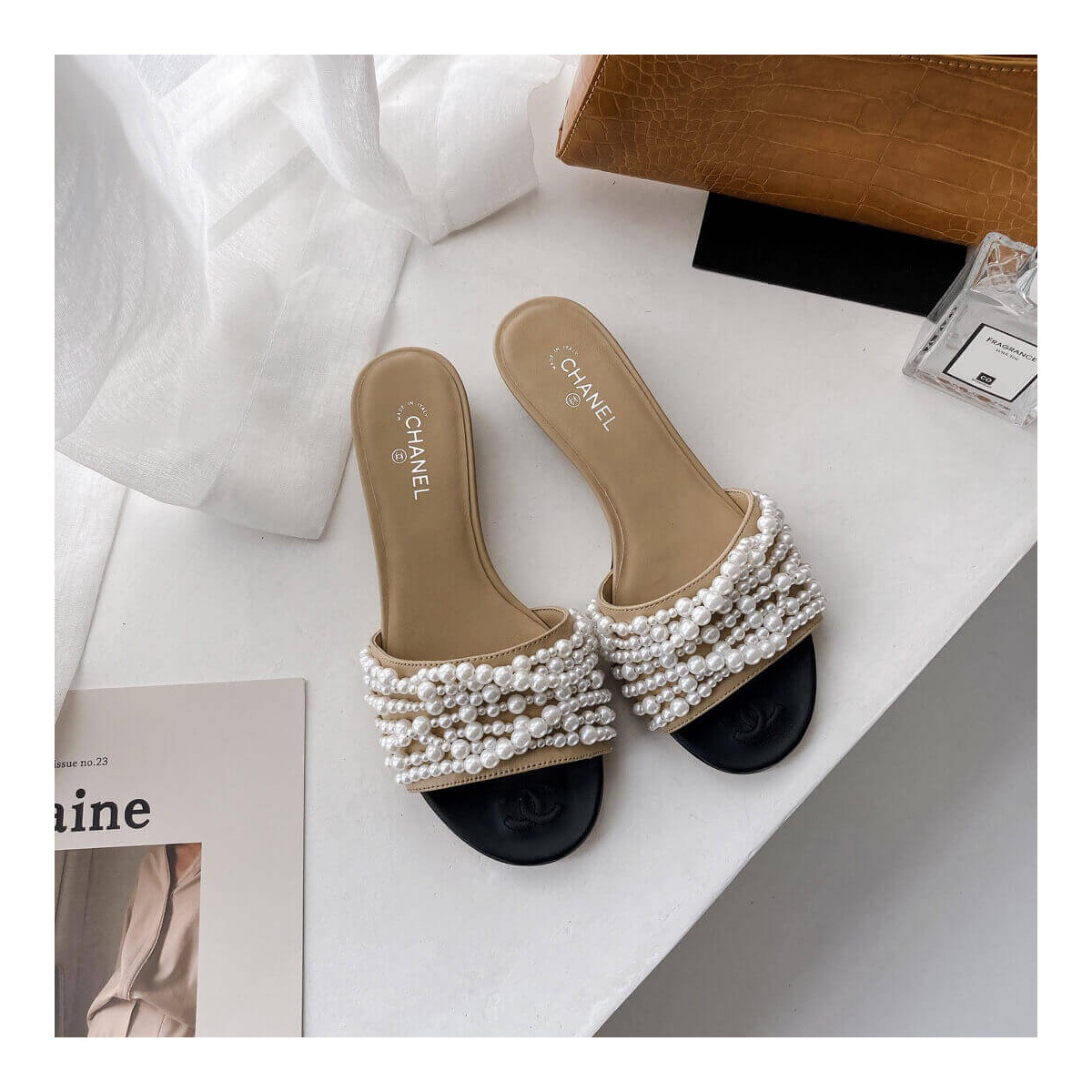 Chanel Satin CC Pearl Sandal Flats 36123