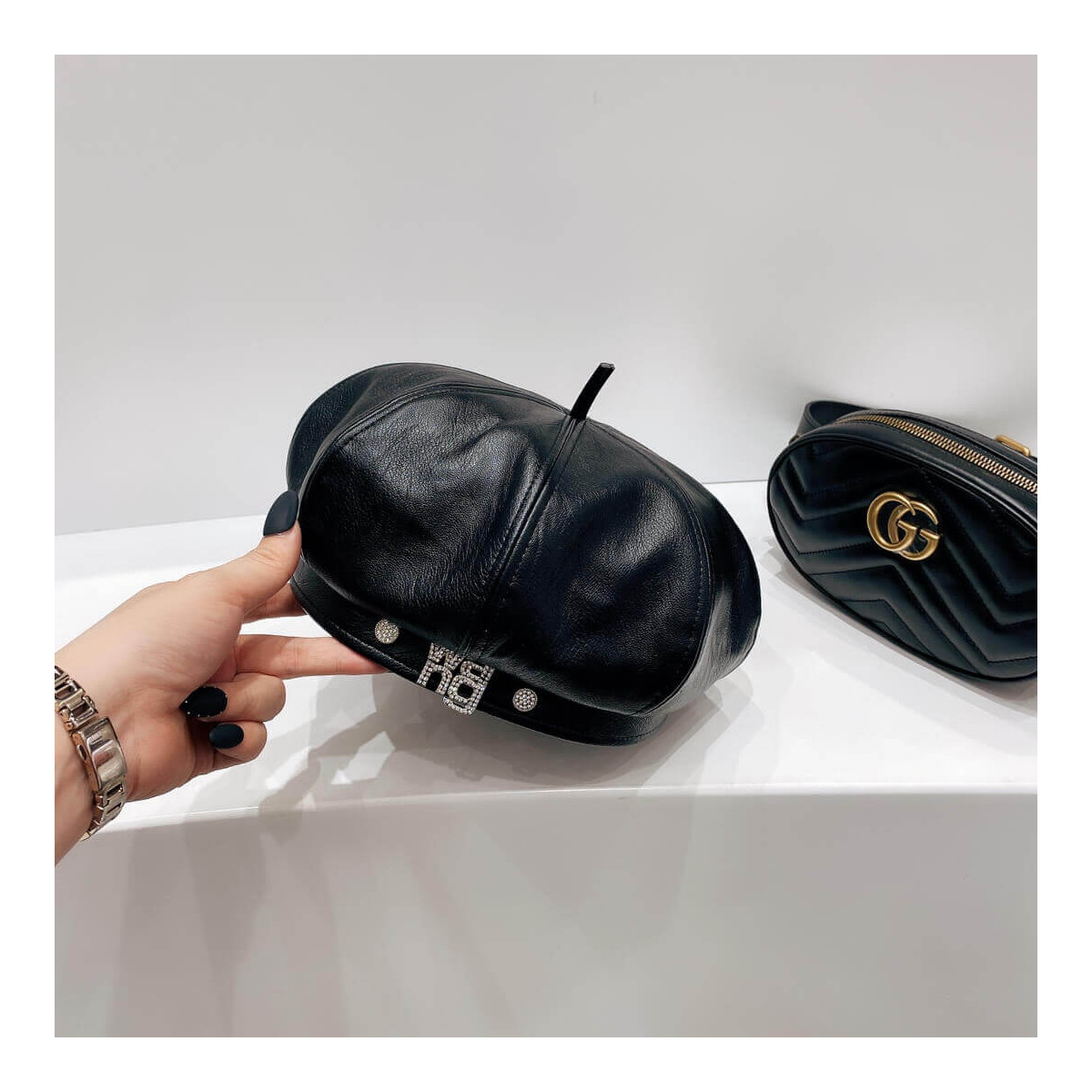 Alexander Wang Leather With Crystal Logo Beret Hat 1305