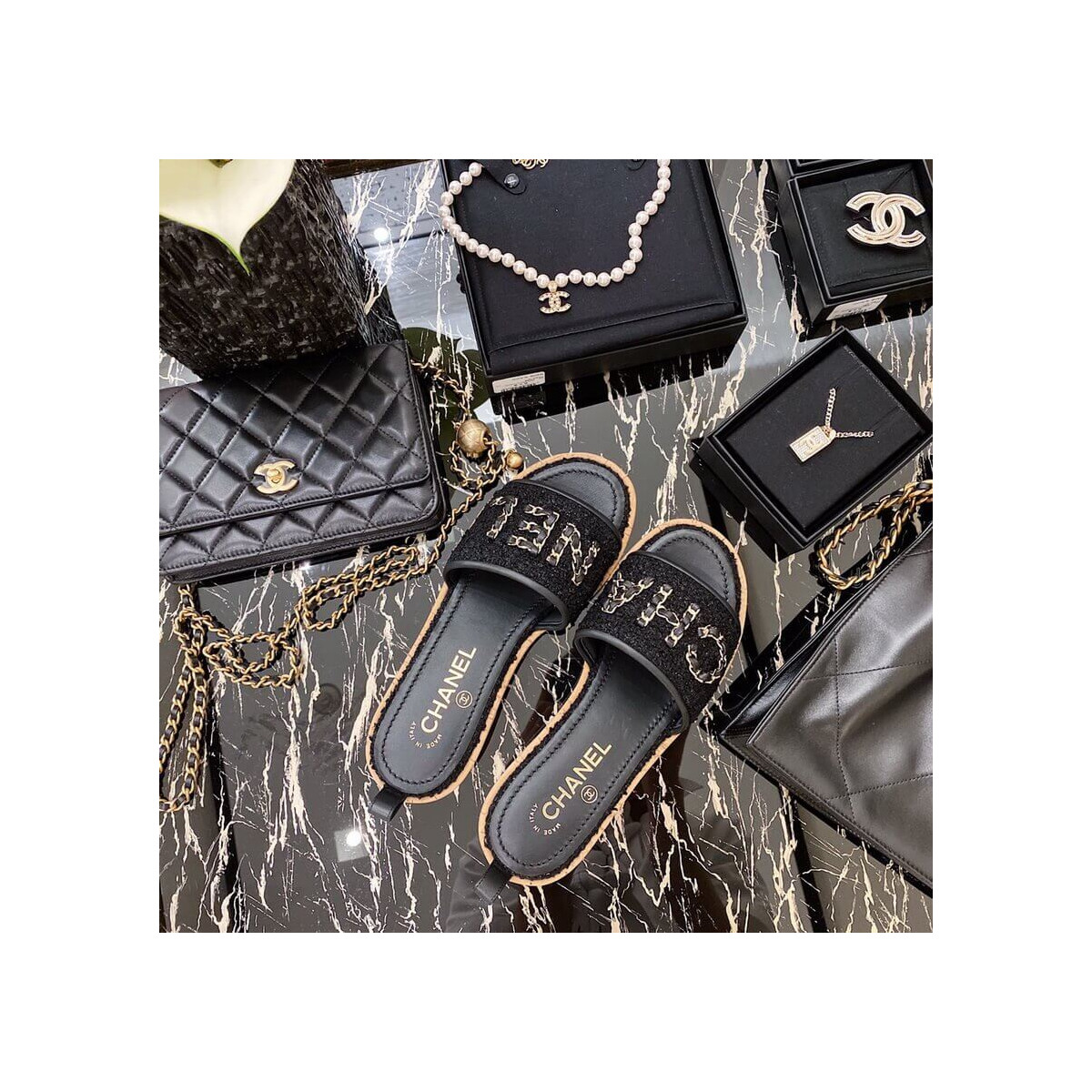 Chanel Tweed Gold Chain CC Logo Letter Cork Mules G34826