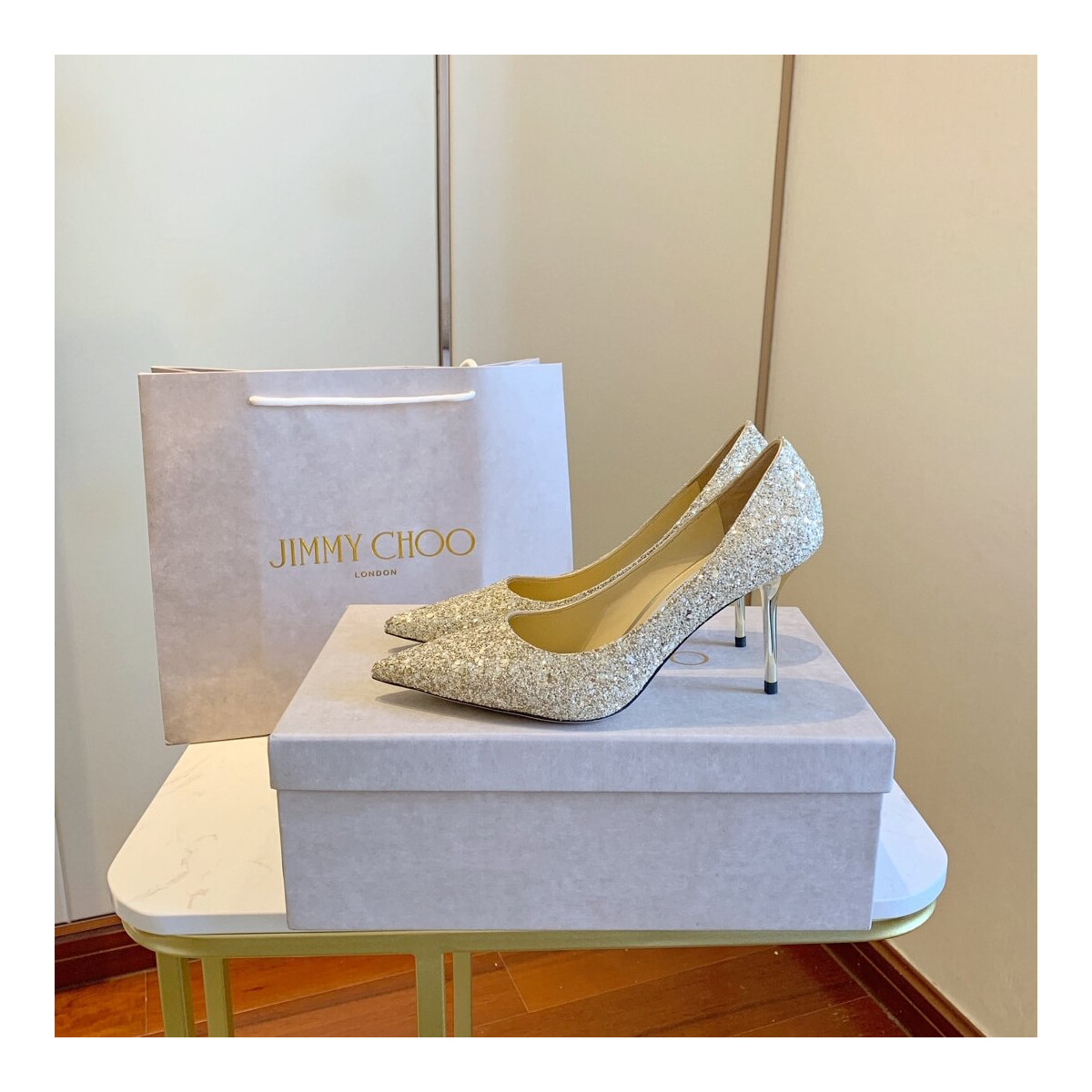 Jimmy Choo Gold Romy Glitter Fabric Pointy Toe Pumps 120011