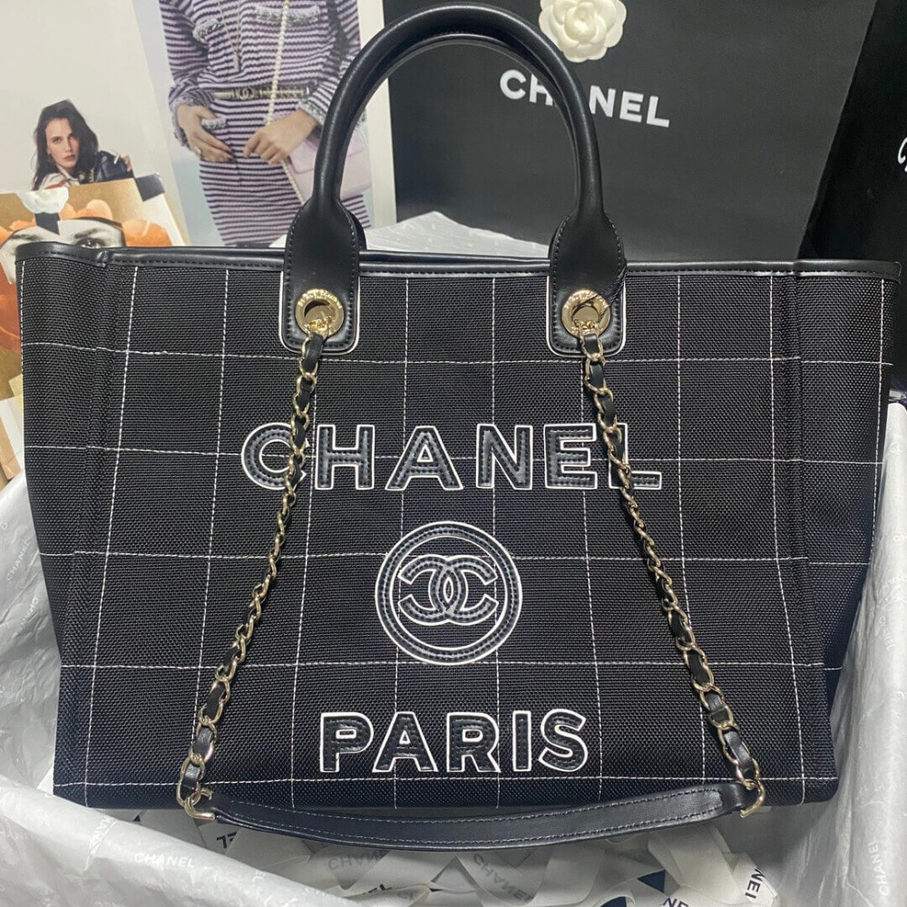 Chanel Deauville Cotton &amp; Calfskin Large Shopping Bag AS93786