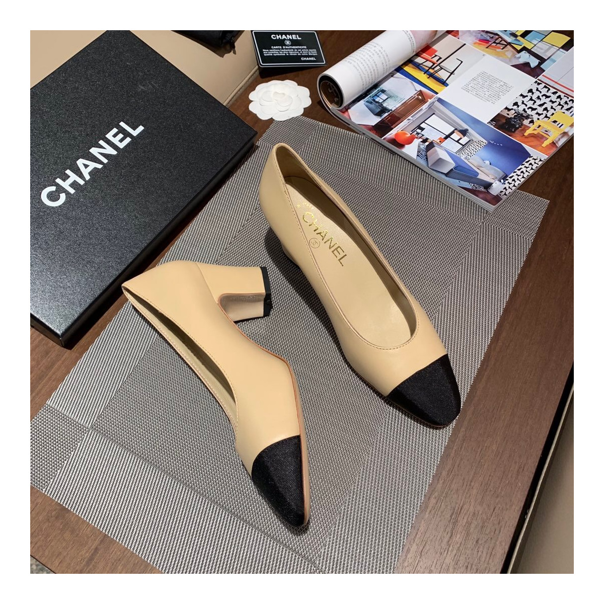 Chanel Two Tone Suede Satin Cap Toe Pumps G35802