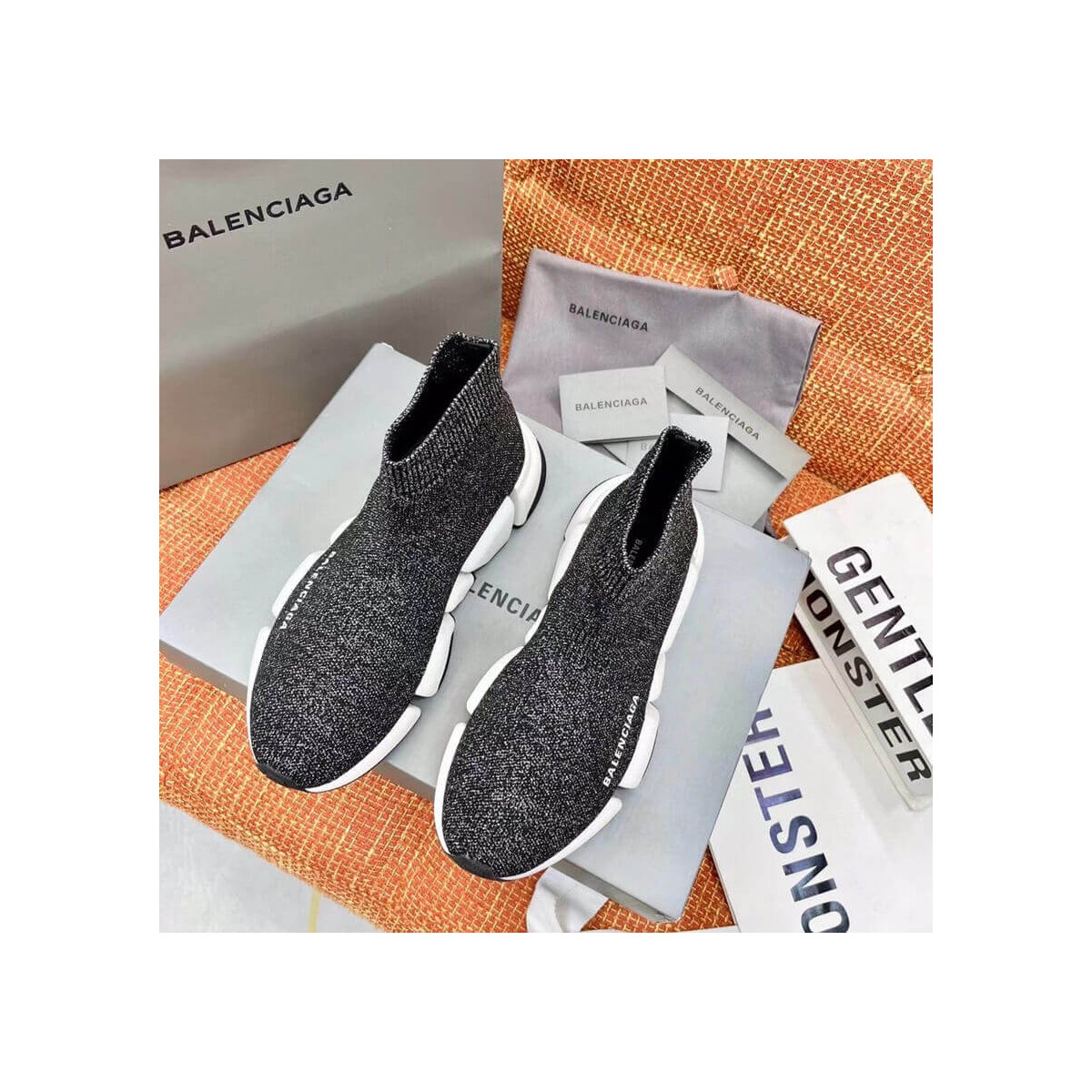 Balenciaga Speed 2.0 Knit Sock Sneakers 617239 Metallic Black/White