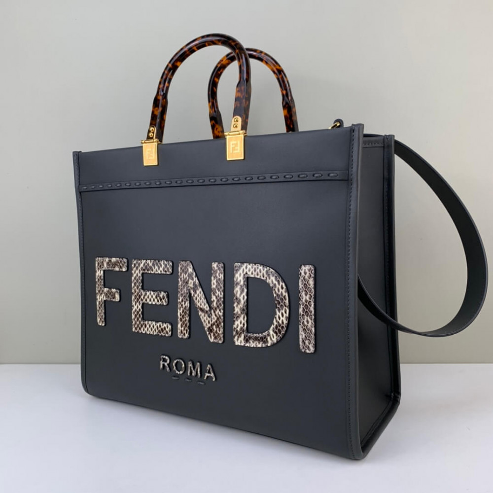 Fendi Sunshine Medium Python Embossed Logo Dark Grey Tote 8BH386