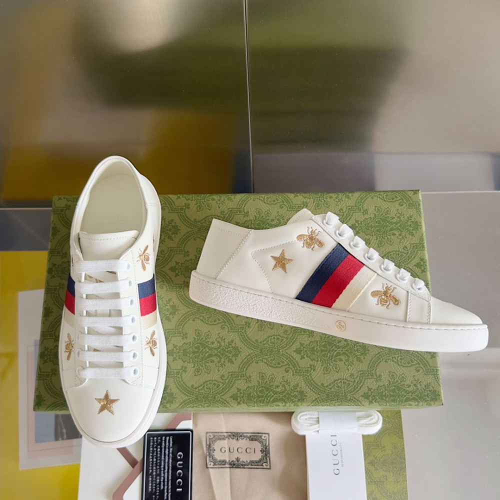 Gucci Ace Bees &amp; Stars Embroidered Sneaker White Leather 386750