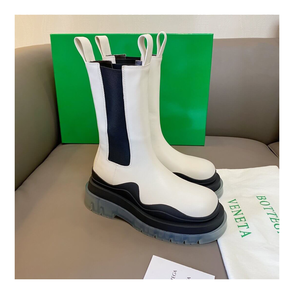 Bottega Veneta Rubber-Trimmed Leather Chelsea Boots White