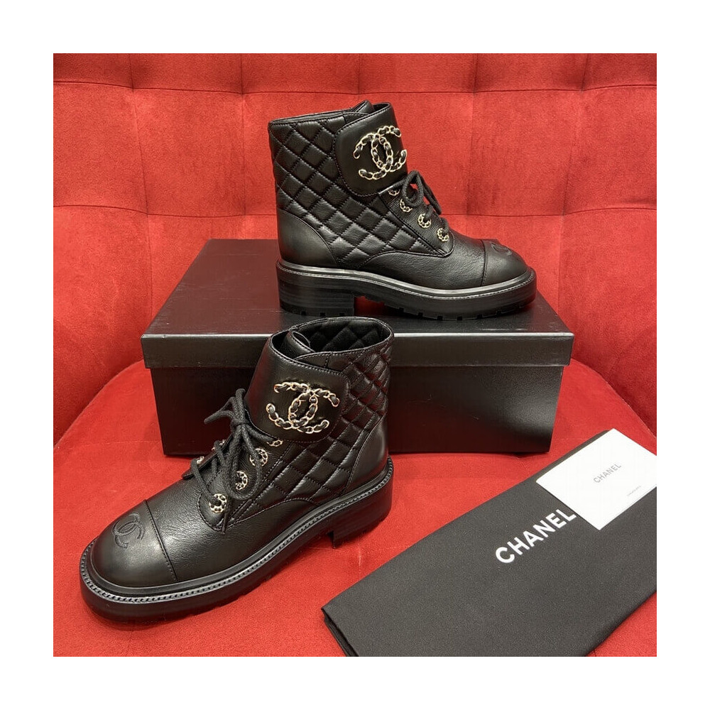 Chanel Black Quilted Gold CC Logo Chain Combat Lace Up Boots G36424