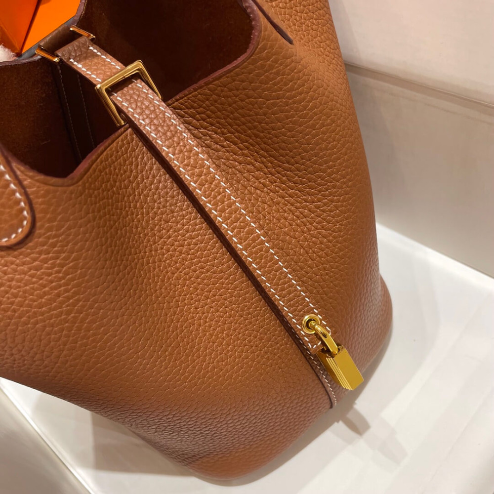 Hermes Picotin Lock Bag in Taurillon Clemence Gold Brown