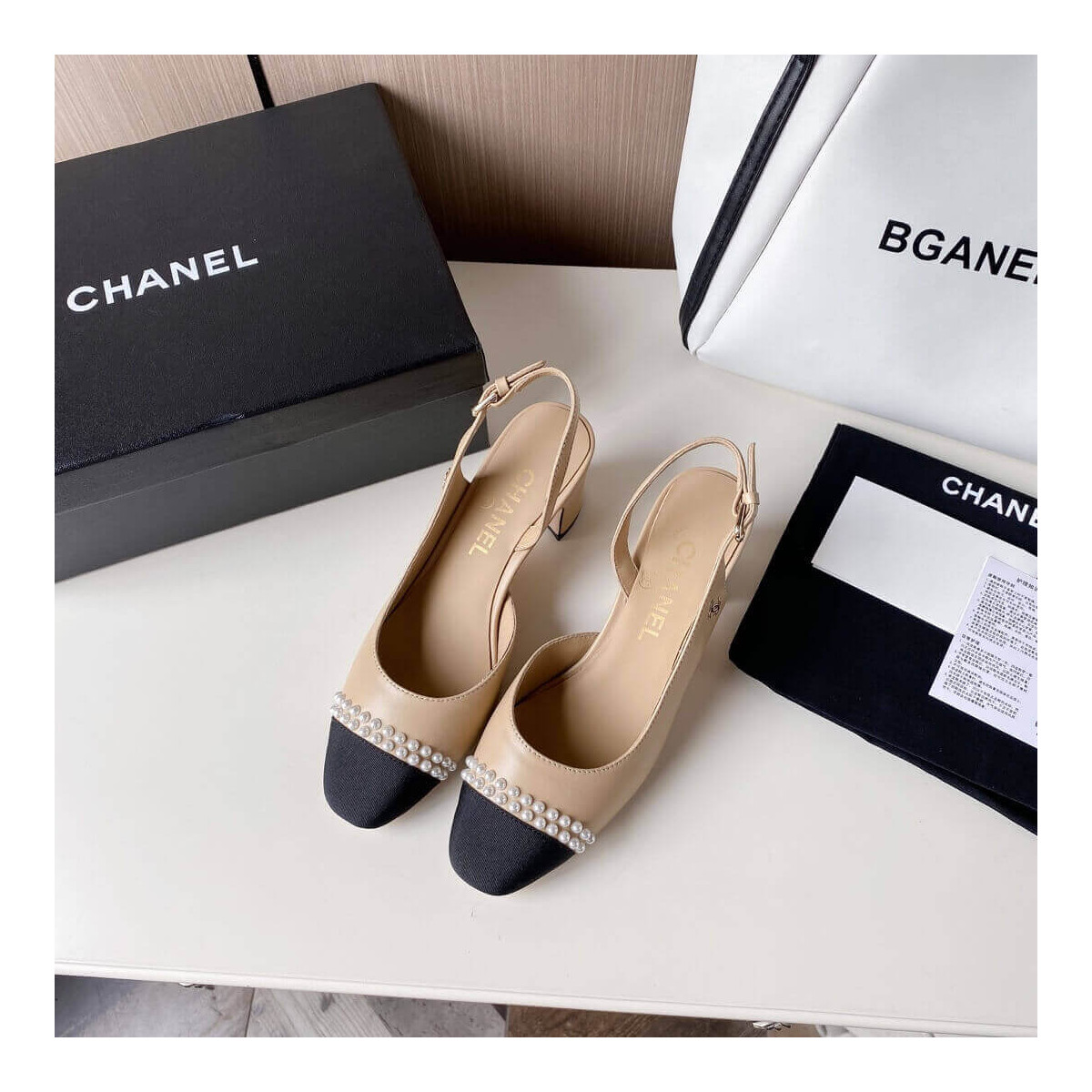 Chanel Pearl Embellished CC Cap Toe Slingbacks 36124