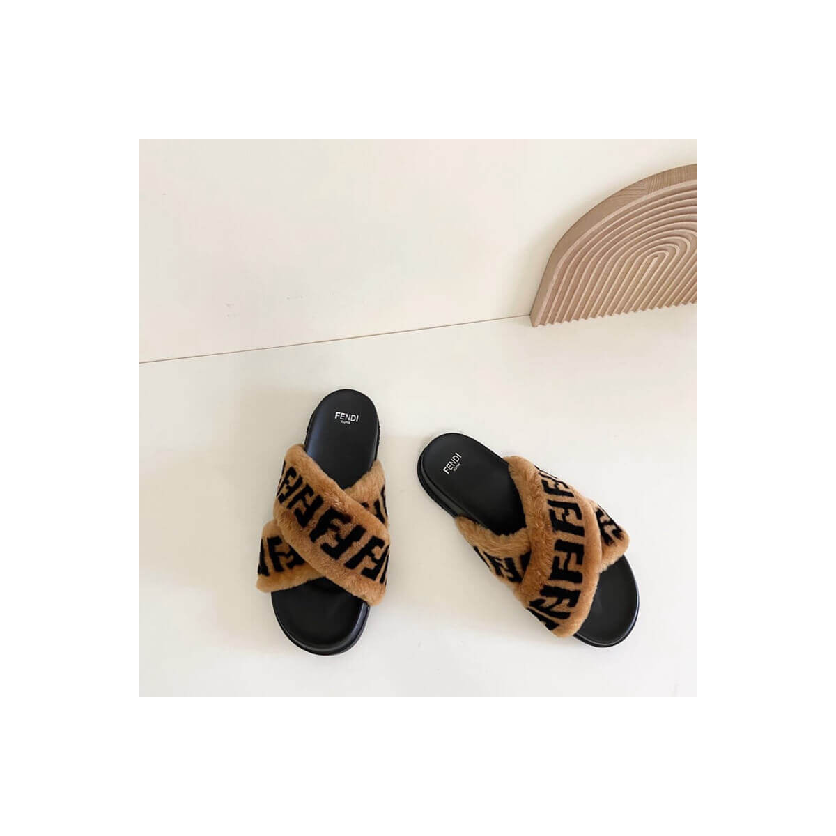 Fendi Logo Shearling Fur Slides Sandals F126