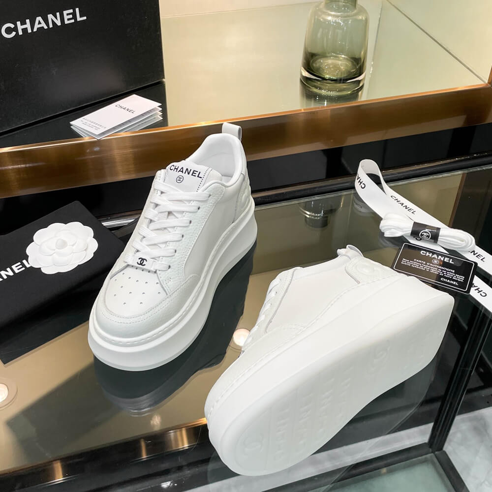 Chanel Grained Calfskin Leather Thick Sole Logo Sneakers G38808 White