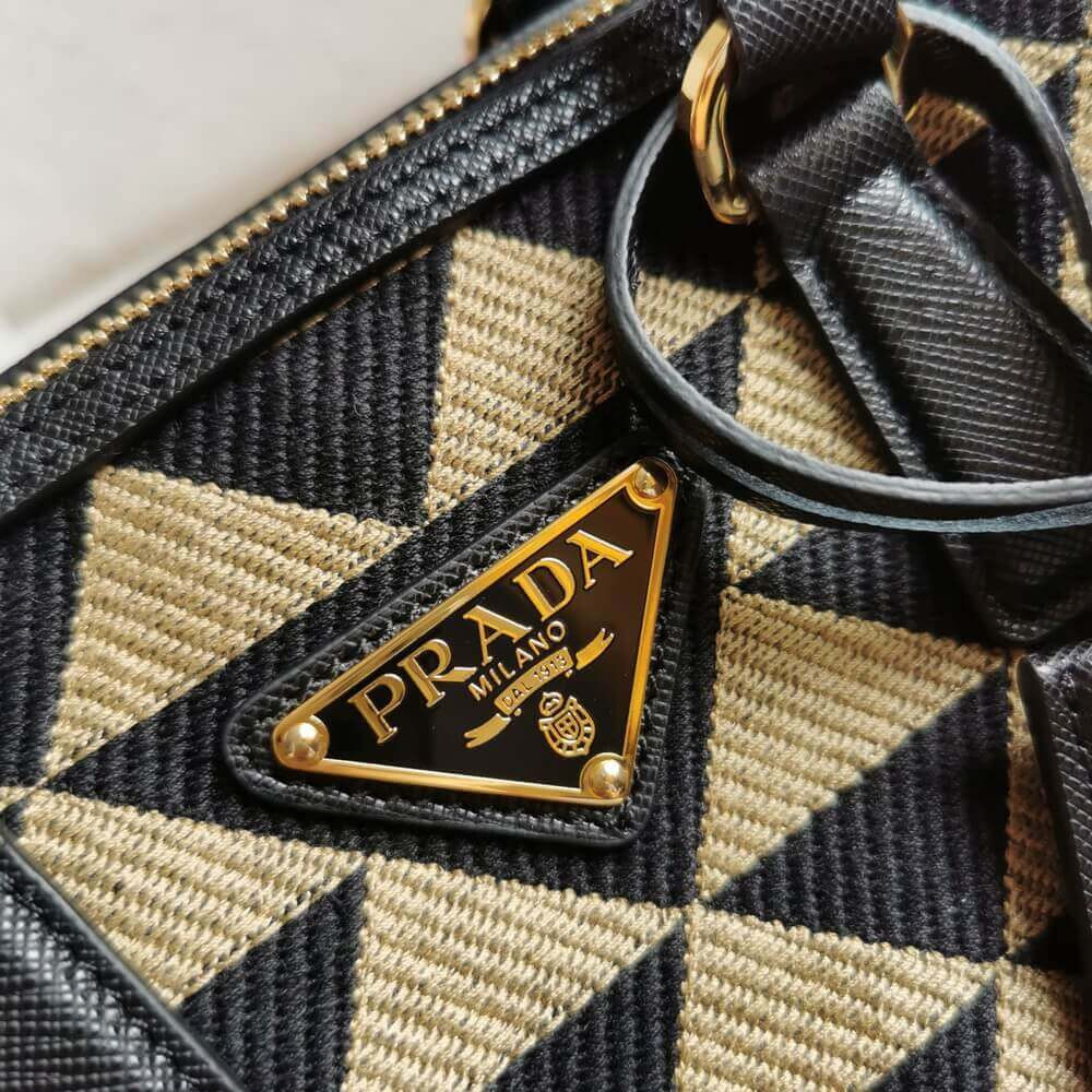 Prada Symbole Embroidered Fabric Top-Handle Bag 1BB846 Black/Beige