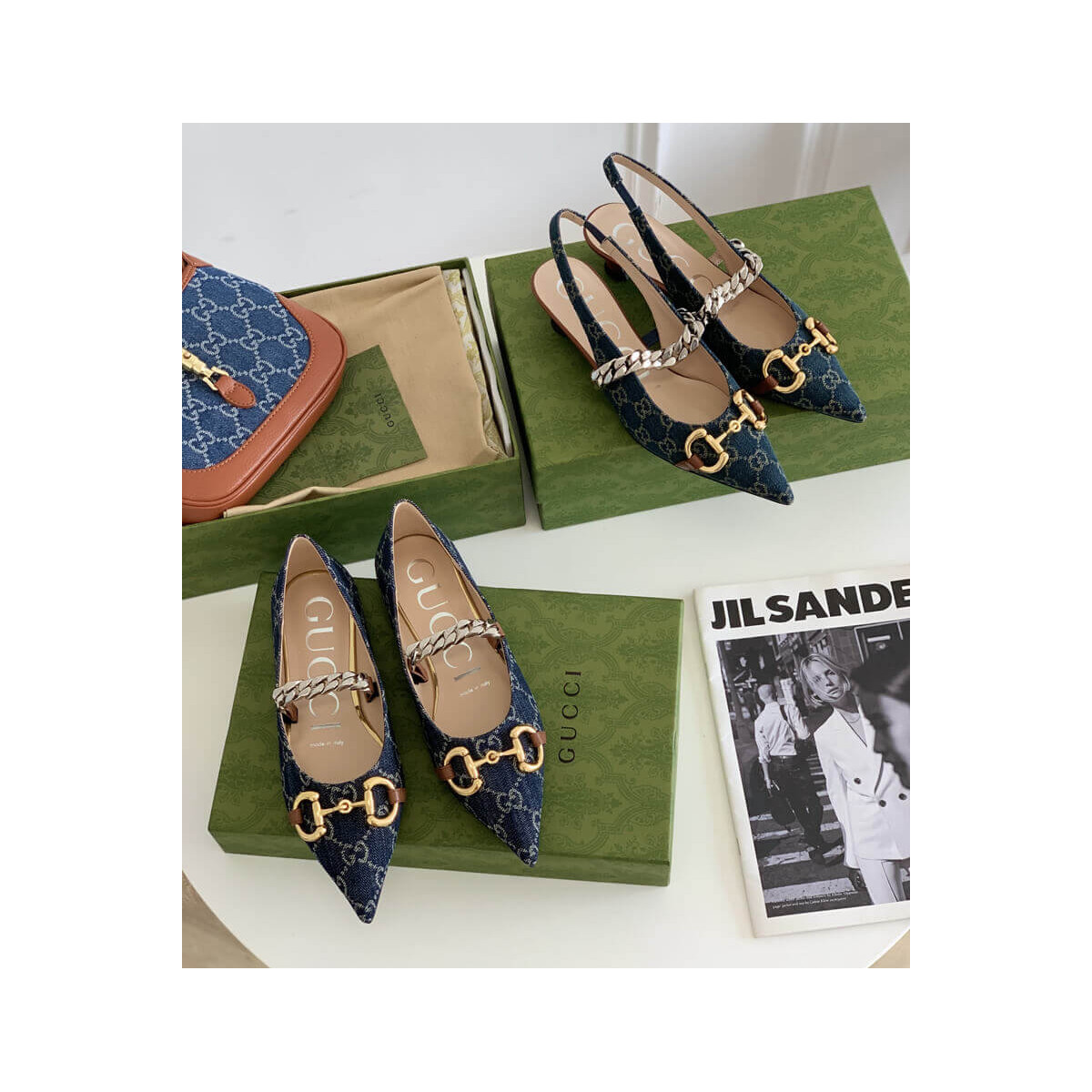 Gucci GG Horsebit Denim Low Slingback Strap Pumps