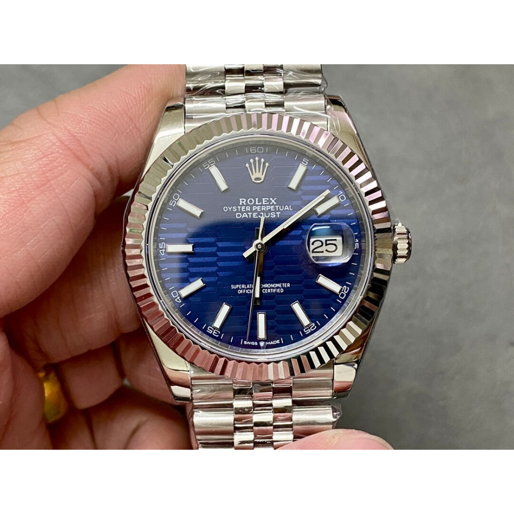 Rolex Datejust 41mm Blue Motif Dial Jubilee Stainless Steel Automatic Fluted Bezel