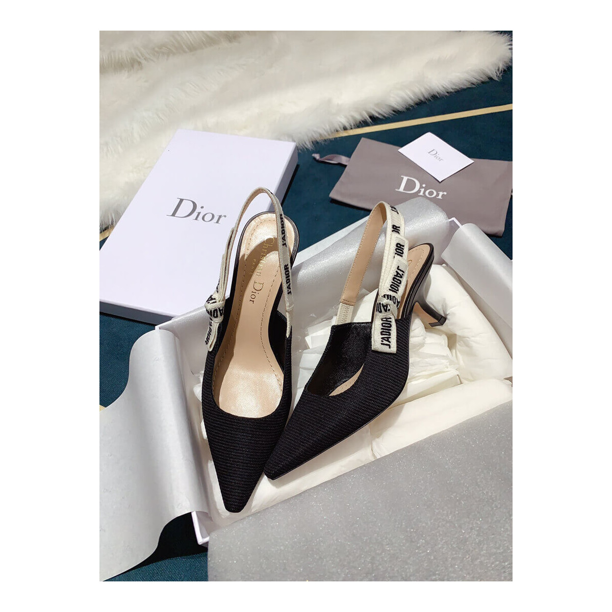 Christian Dior Fabric J&#039;adior Slingback Kitten Heel Pumps C200