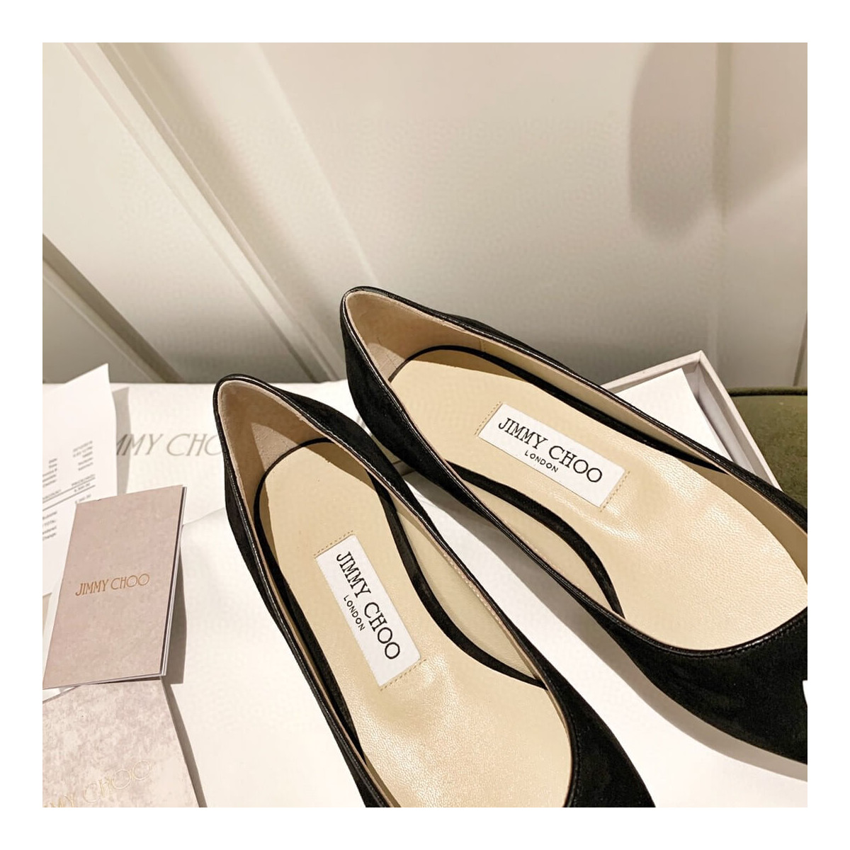 Jimmy Choo Love Flats Suede Pumps In Black and White Logo 231161