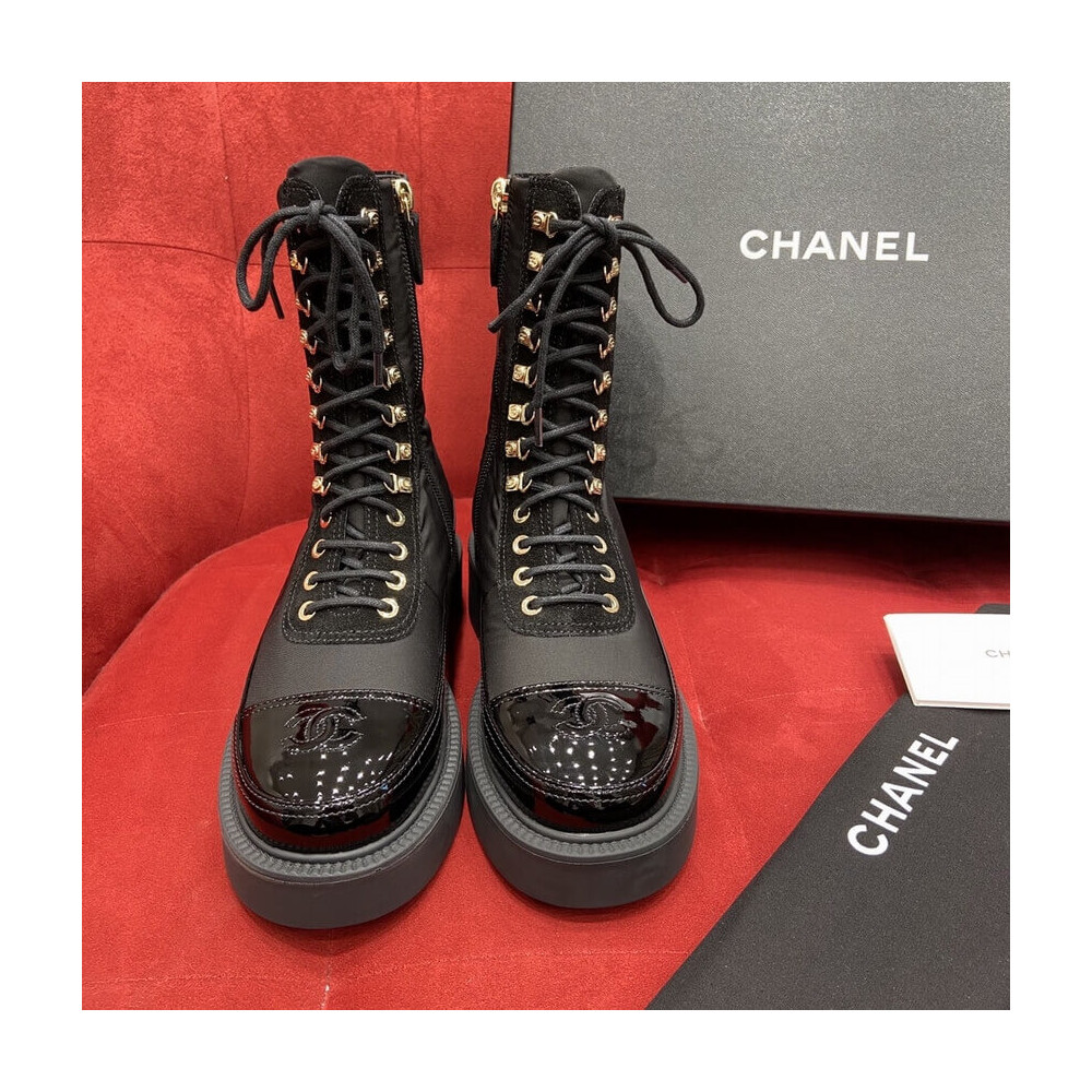 Chanel Nylon and Patent Calfskin Lace-Ups Boots G38086 Black