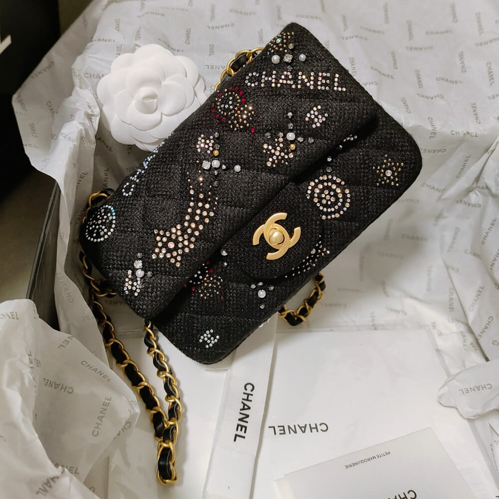 Chanel Tweed Small Double Flap Bag Embroidered Strass and Glass Pearls A01113