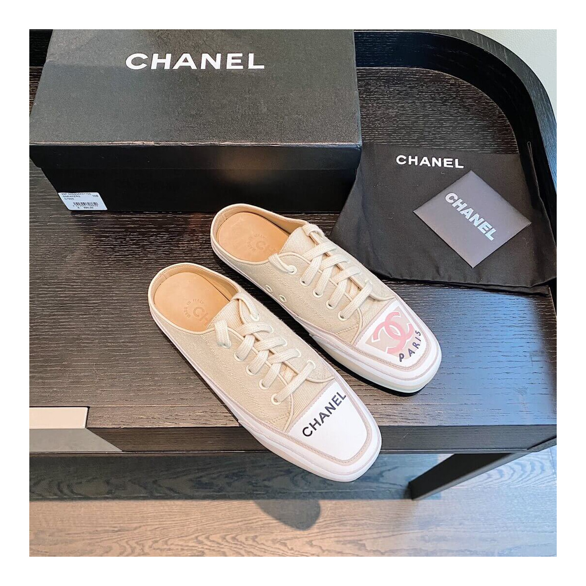 Chanel Canvas Lace Up Cap Toe Slipper 382301