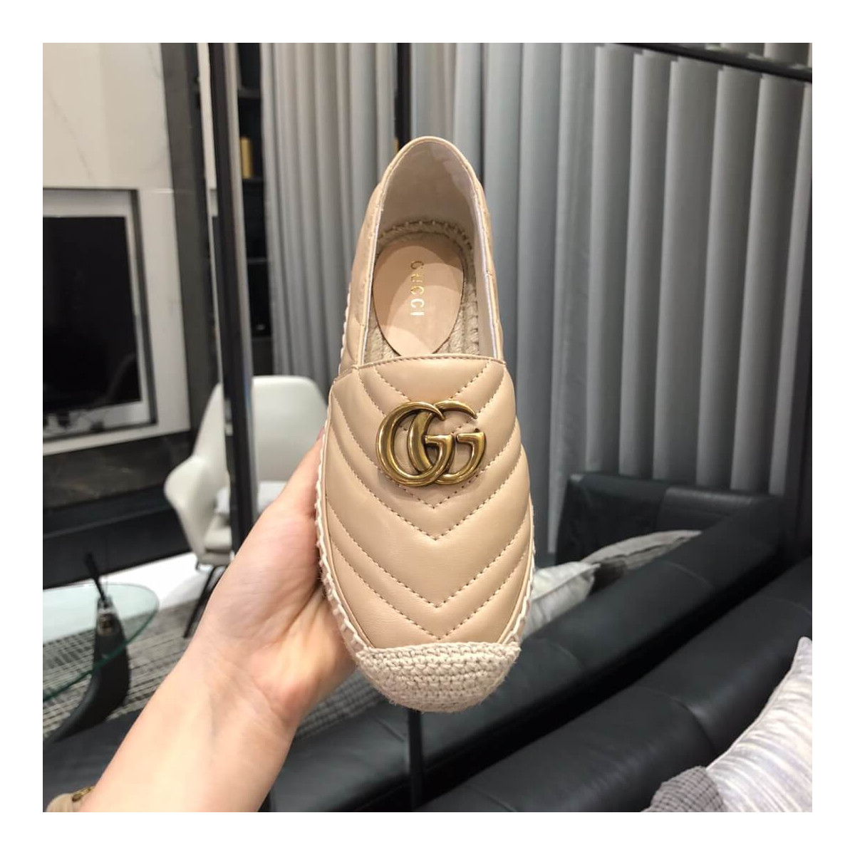 Gucci Chevron Leather Espadrille With Double G 551890 Beige