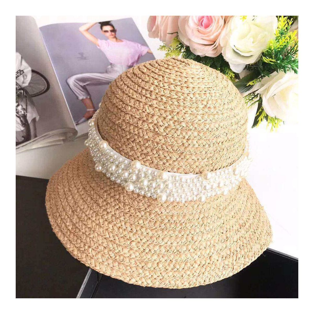 Chanel Straw CC Fedora Hat with Pearl D009