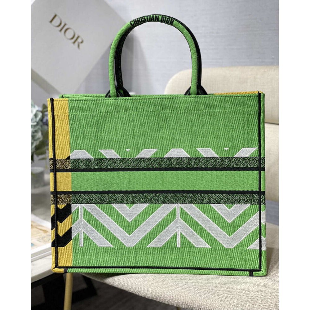 Christian Dior Large Book Tote Bright Green and Orange D-Jungle Pop Embroidery M1286