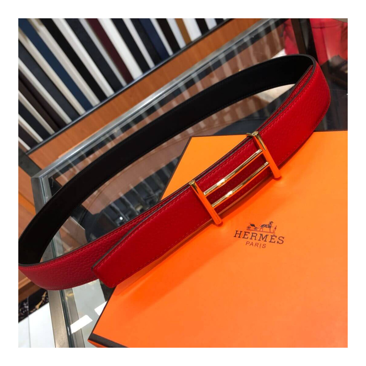 Hermes Rider Belt Buckle &amp; Reversible Leather Strap 32mm H075372 Red/Black