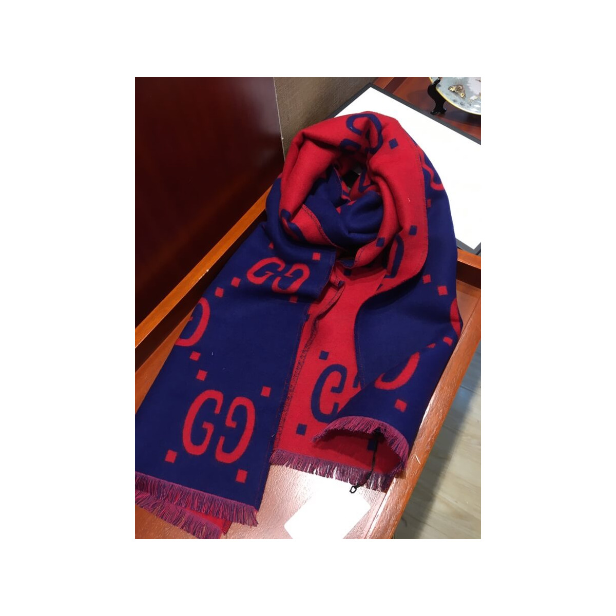 Gucci GG Jacquard Wool Silk Scarf 495592 Blue/Red