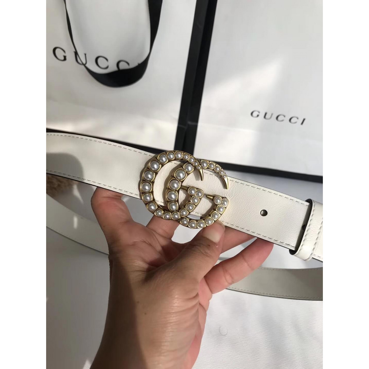 Gucci 30mm Leather Belt With Pearl Double G 453260