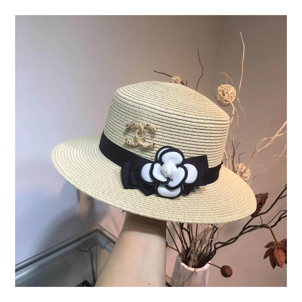 Chanel Flower Embellished Straw Hat AA6730