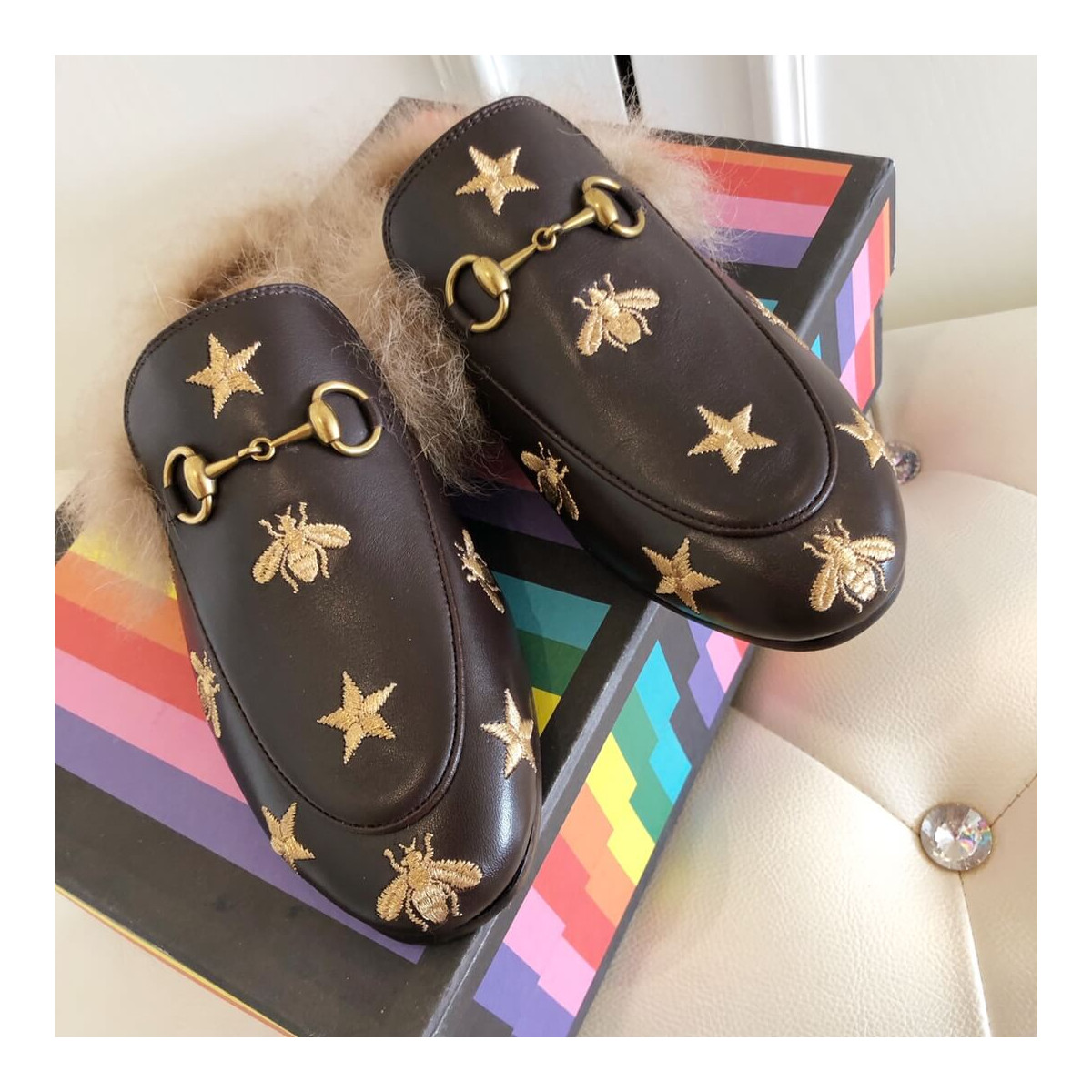 Gucci Princetown Bees and Stars Embroidered Fur Slipper Mules 448653