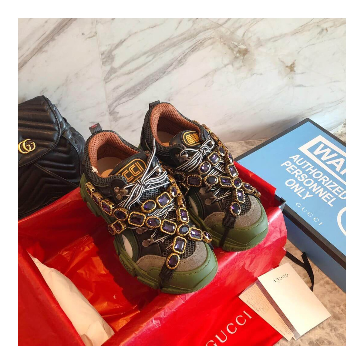 Gucci Flashtrek Sneaker With Removable Crystals 537355 Green