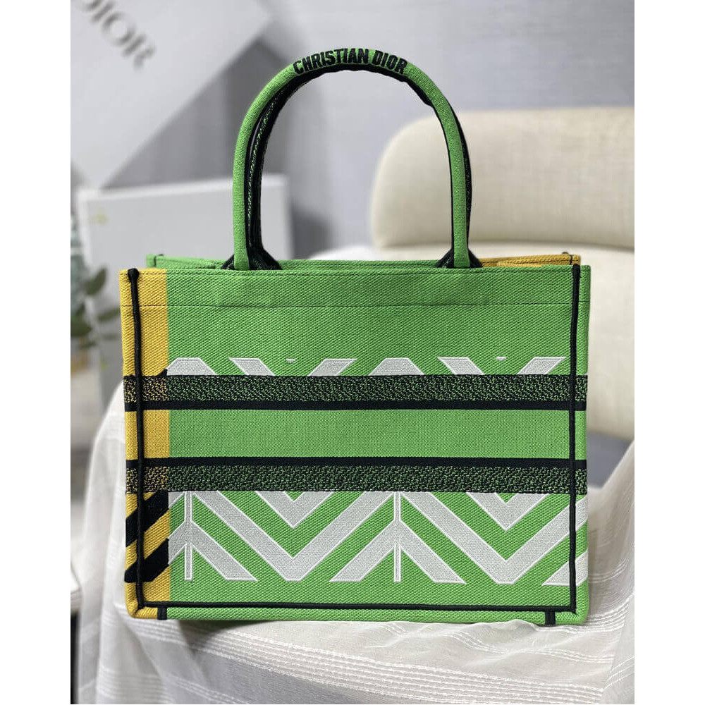 Christian Dior Medium Book Tote Bright Green and Orange D-Jungle Pop Embroidery M1296