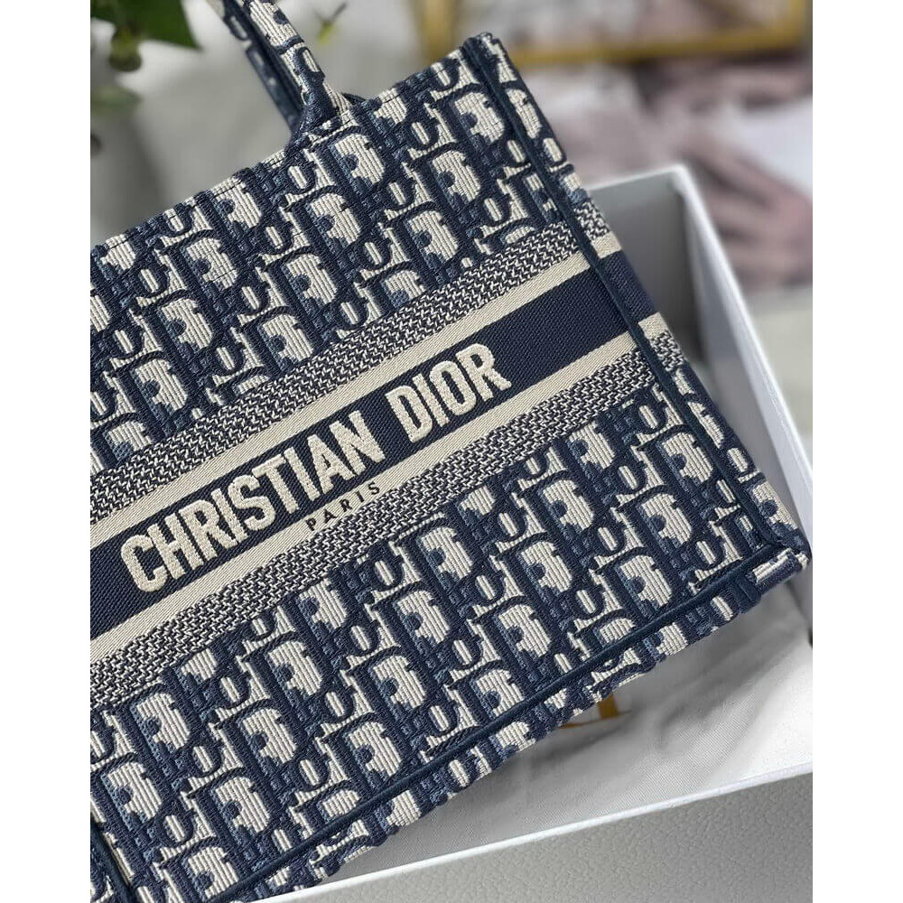 Christian Dior Small Book Tote Bag 26cm Oblique Embroidery Blue