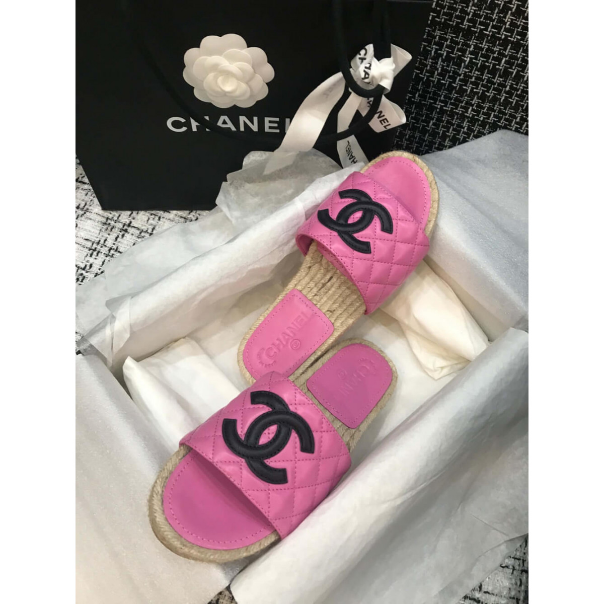 Chanel CC Quilted Mules G35604 Rosy/Black